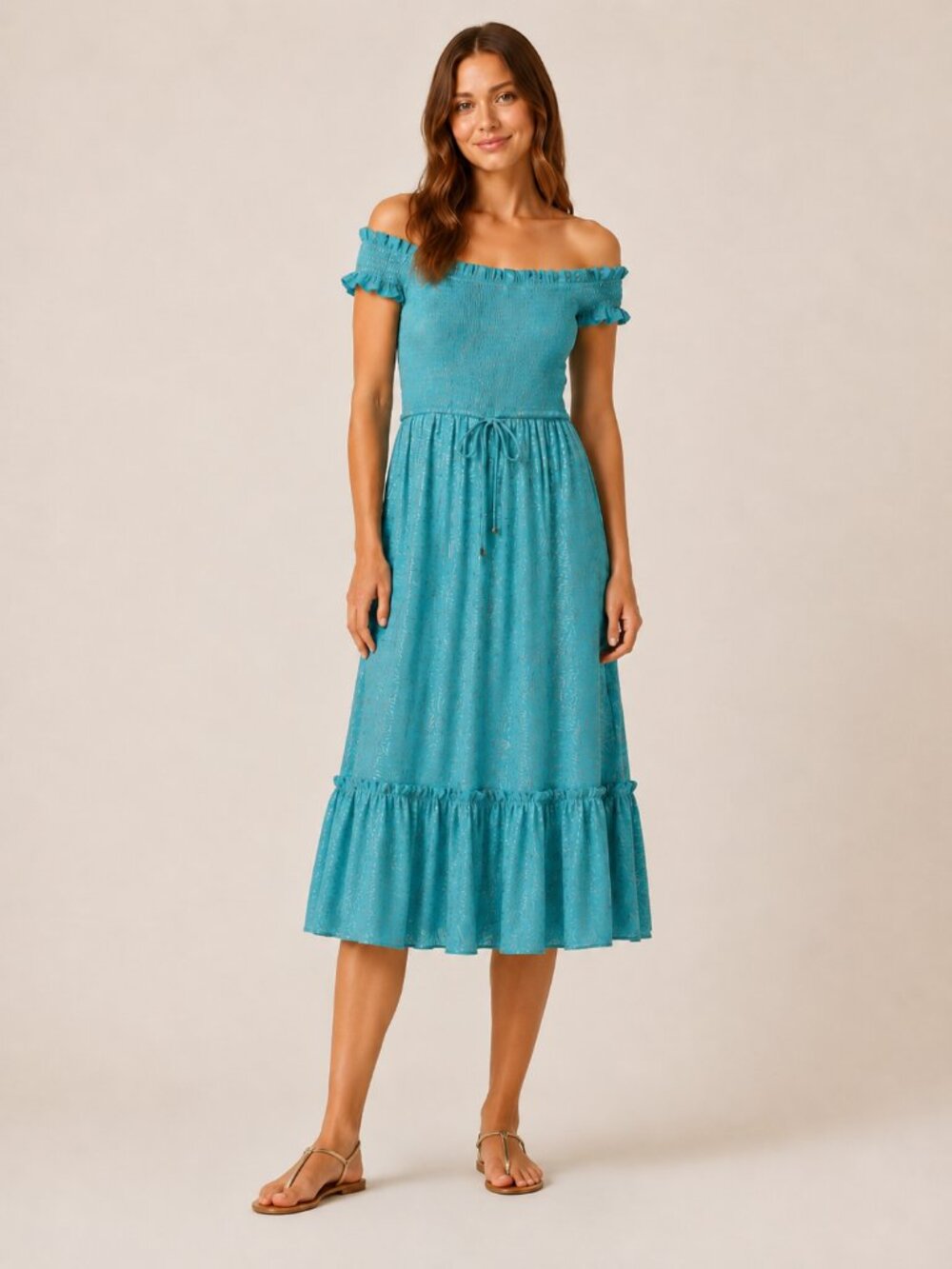 Michael Kors Teal Metallic Foil Off-Shoulder Smocked Midi Dress Medium